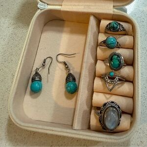 925 Sterling Silver Turquoise Stone Sterling-Style Rings and Earring Set -